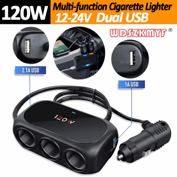 120W 3 Socket Car Charger Adapter